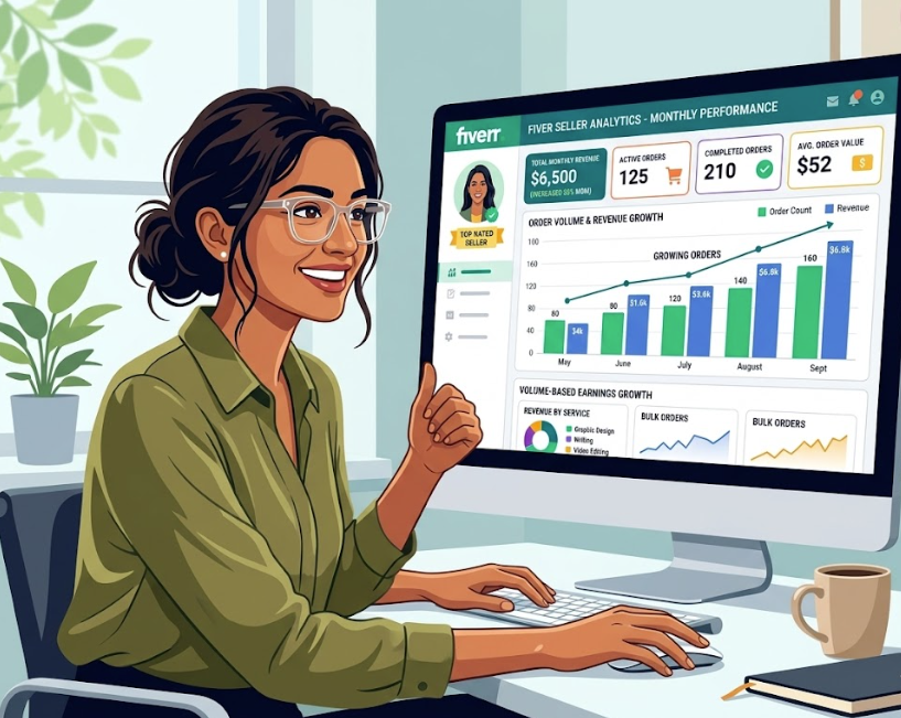 Fiverr seller earnings dashboard and order volume growth
