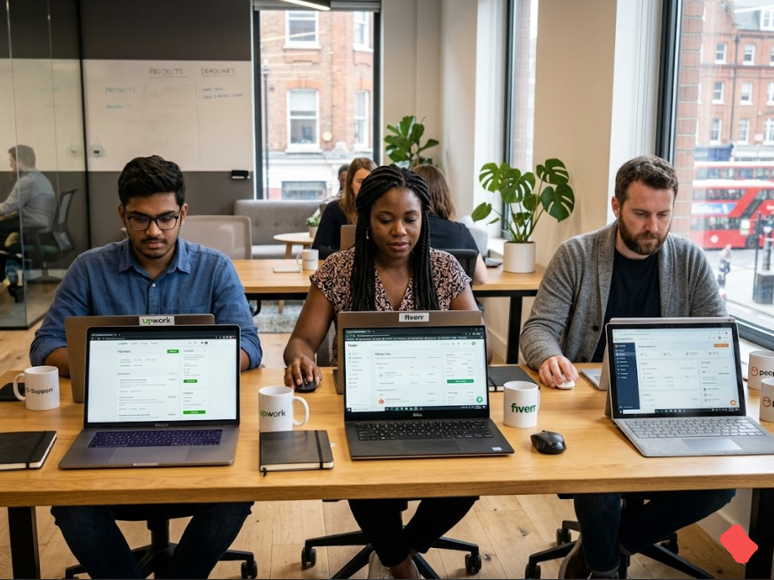Three freelancers working simultaneously on different platforms