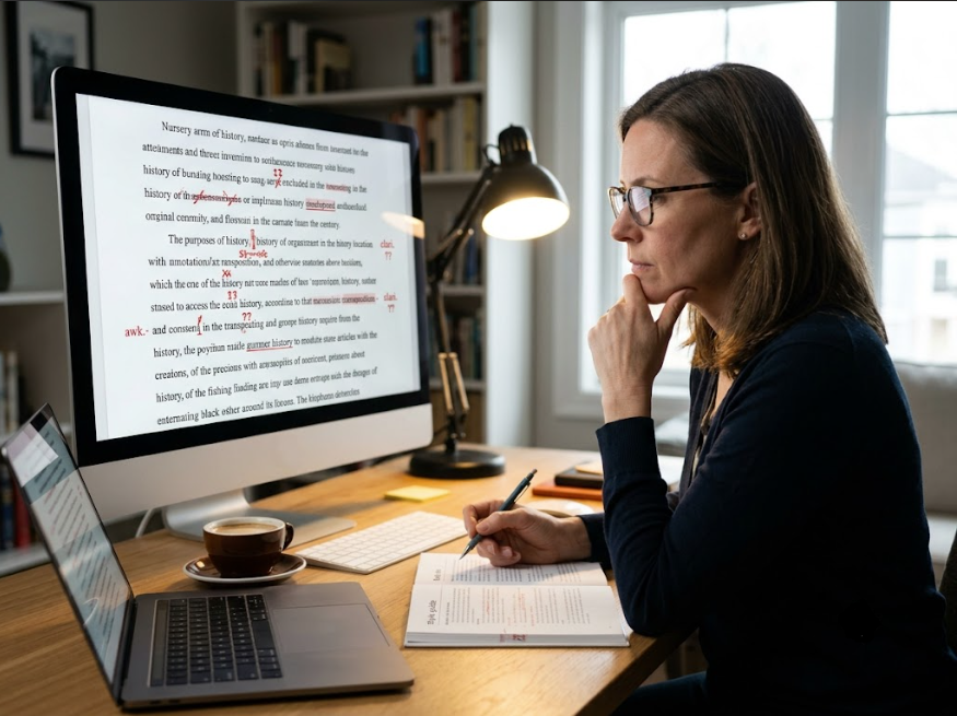 Proofreader editing document for quality and grammar