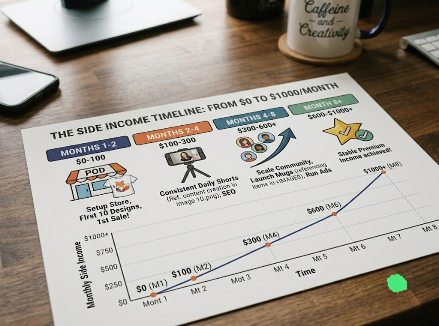 Timeline showing progression from $0 to $500-1000/month side income